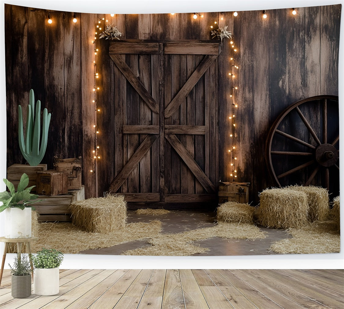 Western Backdrop Wooden Barn Door Hay and Lights Vintage Photo Background GQ58-117
