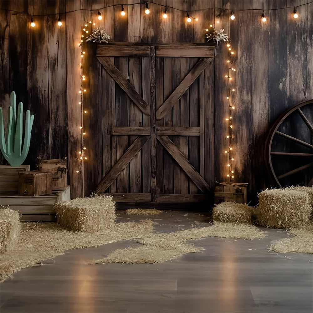 Western Backdrop Wooden Barn Door Hay and Lights Vintage Photo Background GQ58-117