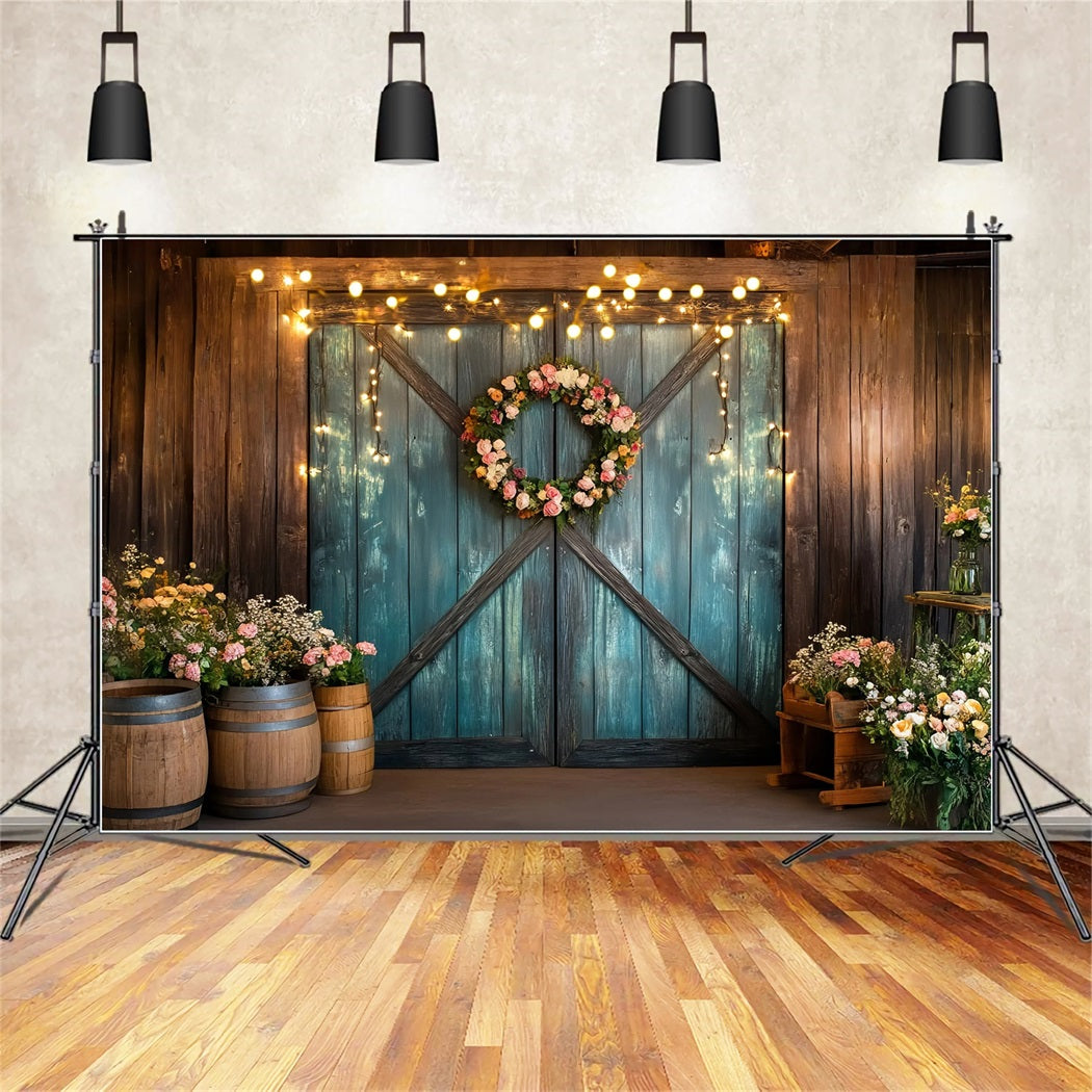 Western Backdrop Teal Barn Door Floral Wreath Vintage Photo Backdrops GQ58-118