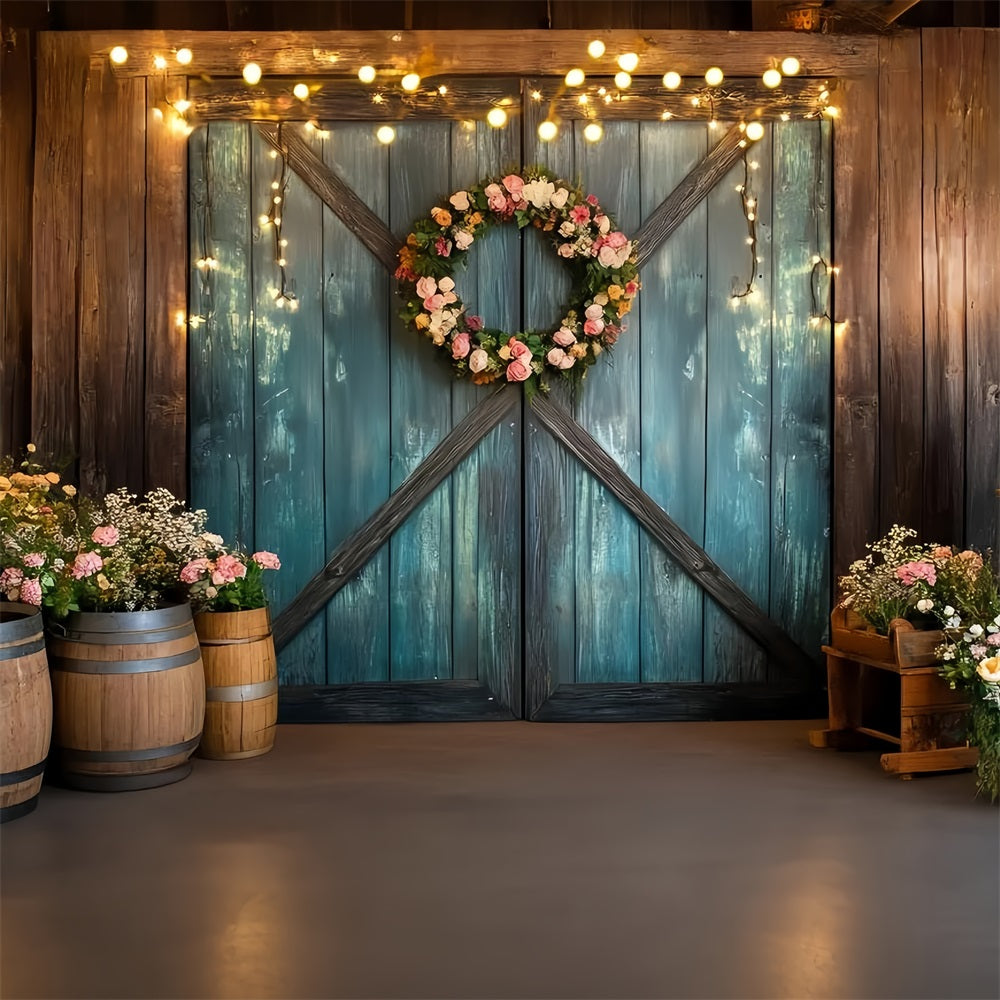 Western Backdrop Teal Barn Door Floral Wreath Vintage Photo Backdrops GQ58-118