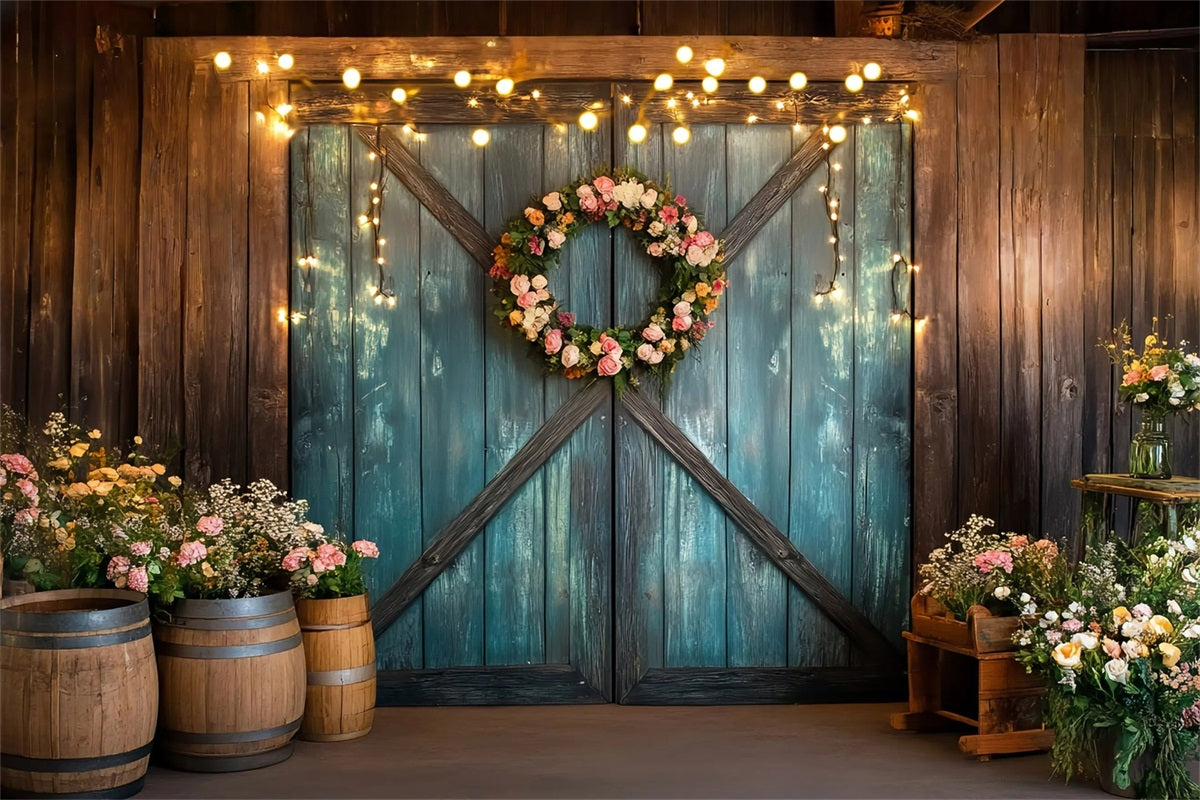 Western Backdrop Teal Barn Door Floral Wreath Vintage Photo Backdrops GQ58-118