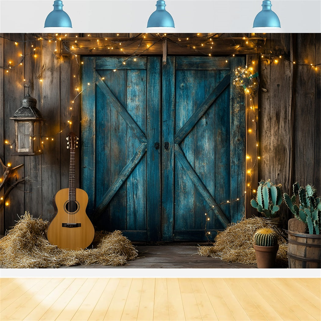 Western Backdrop Rustic Blue Barn Doors Guitar Cactus Vintage Photography Backdrops GQ58-119