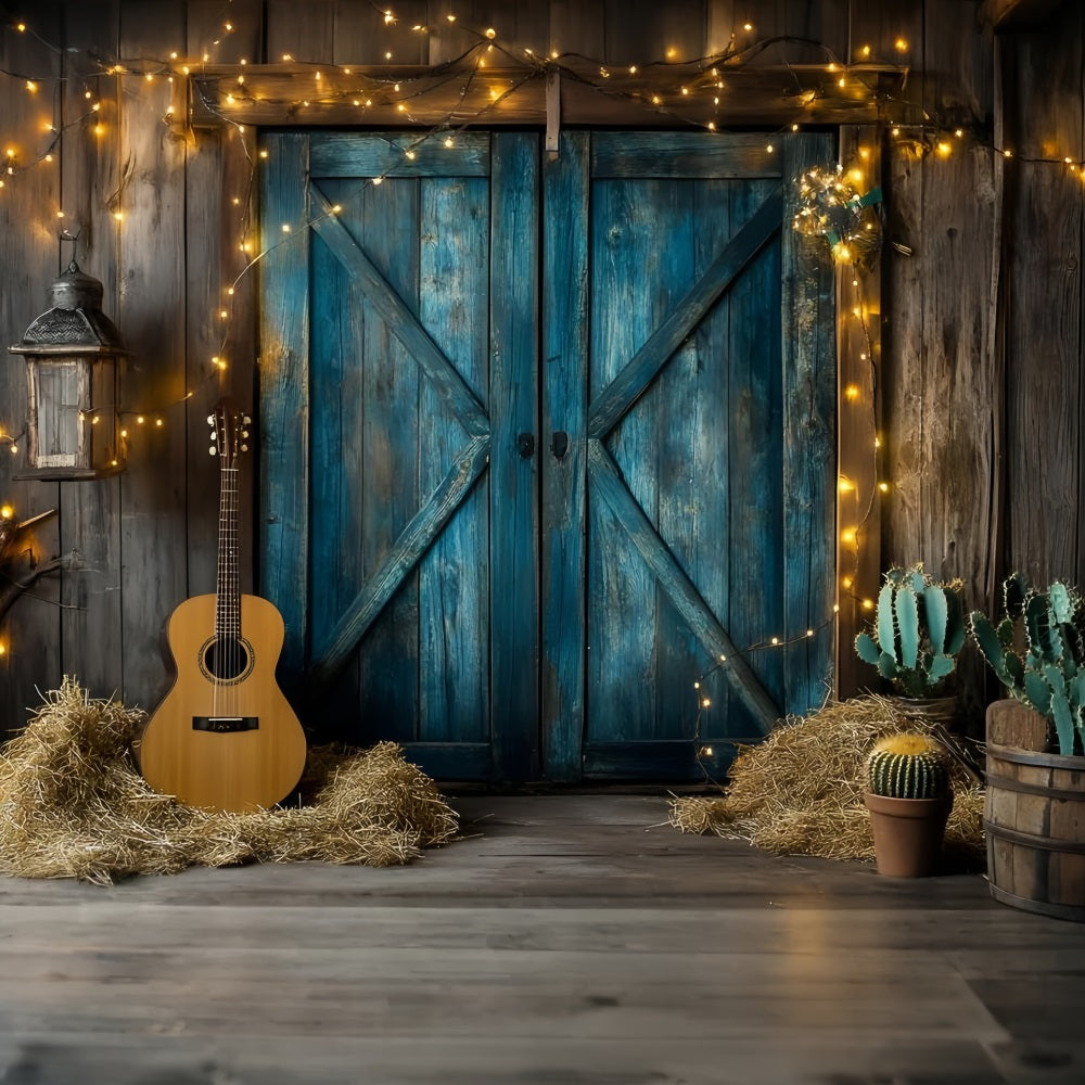 Western Backdrop Rustic Blue Barn Doors Guitar Cactus Vintage Photography Backdrops GQ58-119