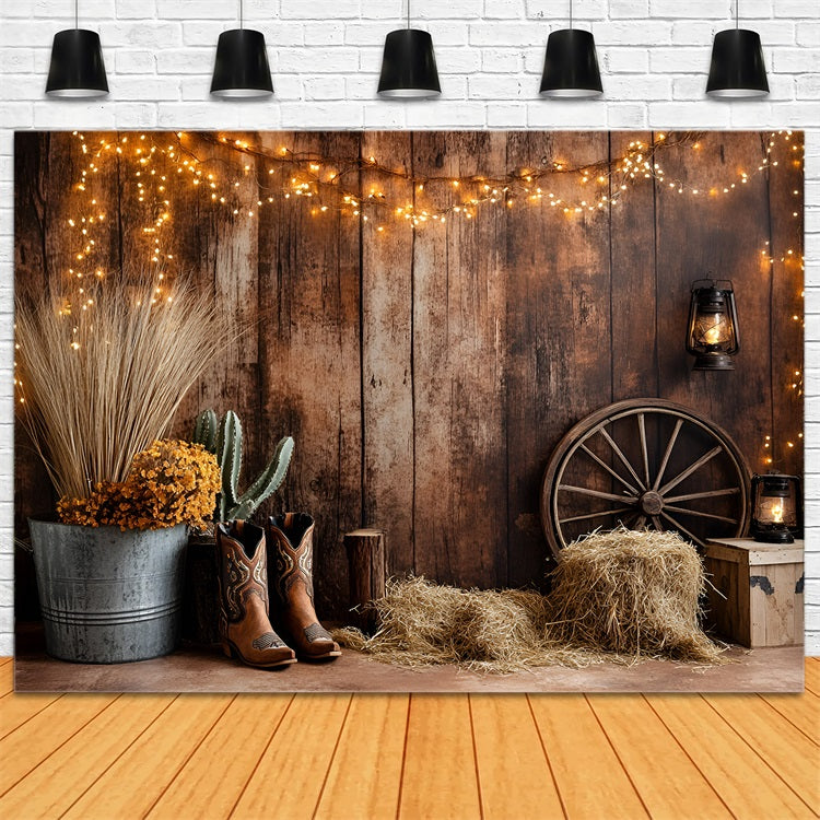 Western Backdrop Western Cowboy Boots Cactus Hay Bales Backdrop Vintage GQ58-120