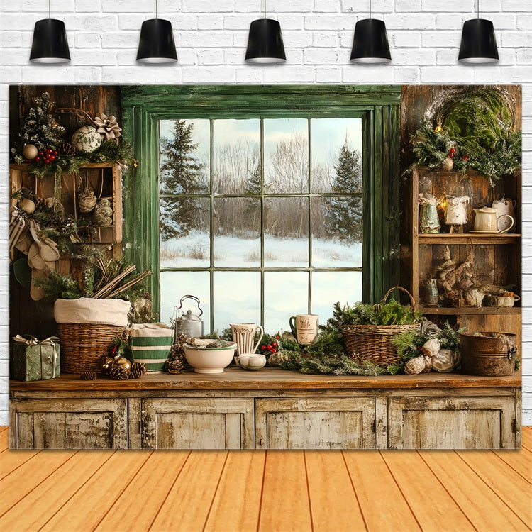 Rustic Backdrop Cozy Winter Kitchen Window Festive Greenery Vintage Backdrop Ideas GQ58-121