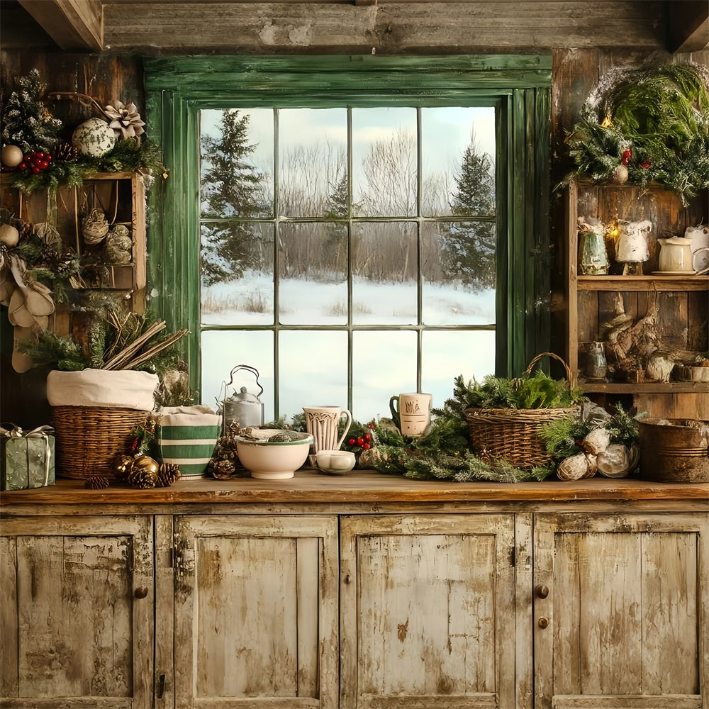 Rustic Backdrop Cozy Winter Kitchen Window Festive Greenery Vintage Backdrop Ideas GQ58-121