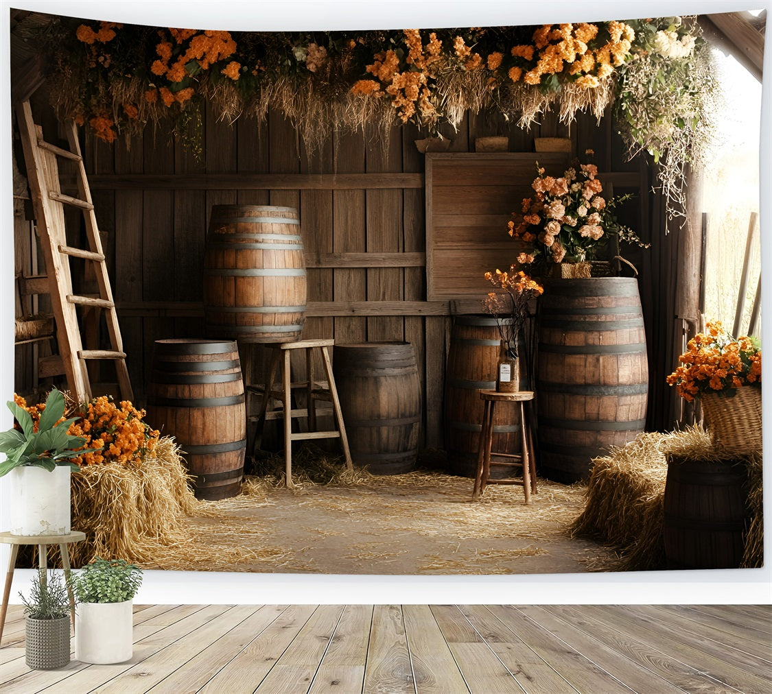 Rustic Backdrop Rustic Barn Barrels Orange Floral Arrangements Vintage Photography Background GQ58-122