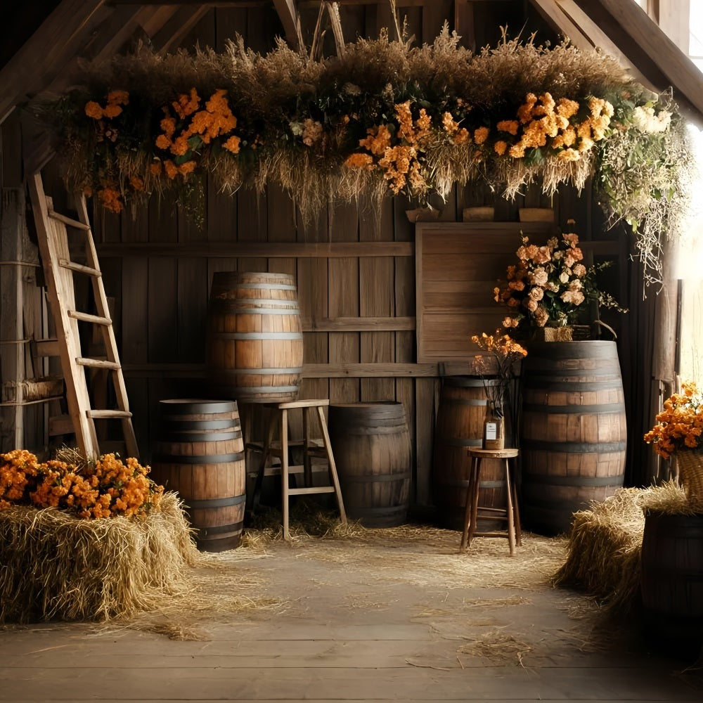 Rustic Backdrop Rustic Barn Barrels Orange Floral Arrangements Vintage Photography Background GQ58-122