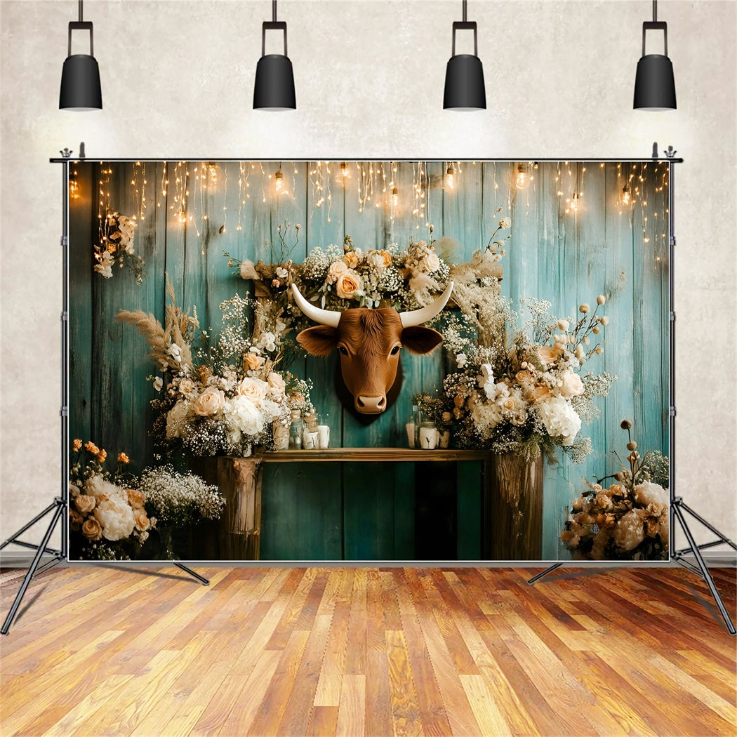 Rustic Backdrop Rustic Floral Longhorn Wall Arrangement Vintage Studio Backdrop GQ58-123