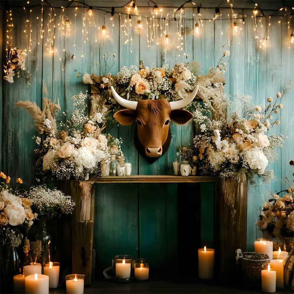 Rustic Backdrop Rustic Floral Longhorn Wall Arrangement Vintage Studio Backdrop GQ58-123