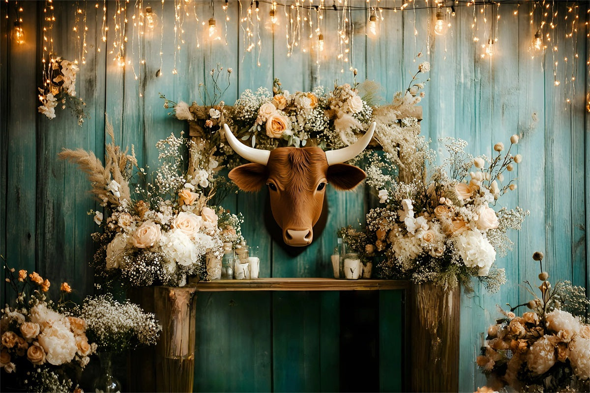 Rustic Backdrop Rustic Floral Longhorn Wall Arrangement Vintage Studio Backdrop GQ58-123