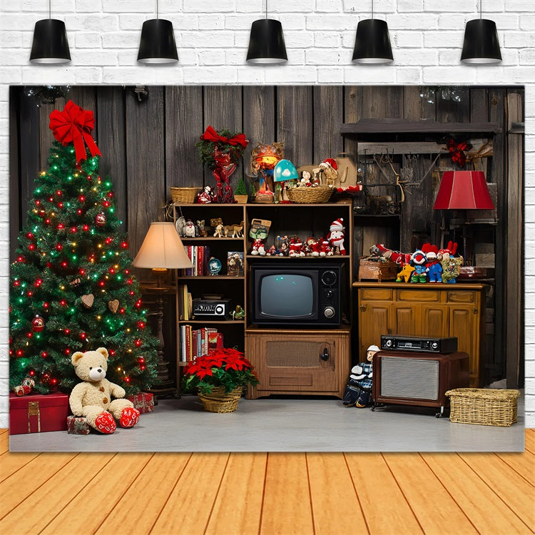 Rustic Backdrop Retro Christmas Tree with Vintage Toys Vintage Photoshoot Background GQ58-125