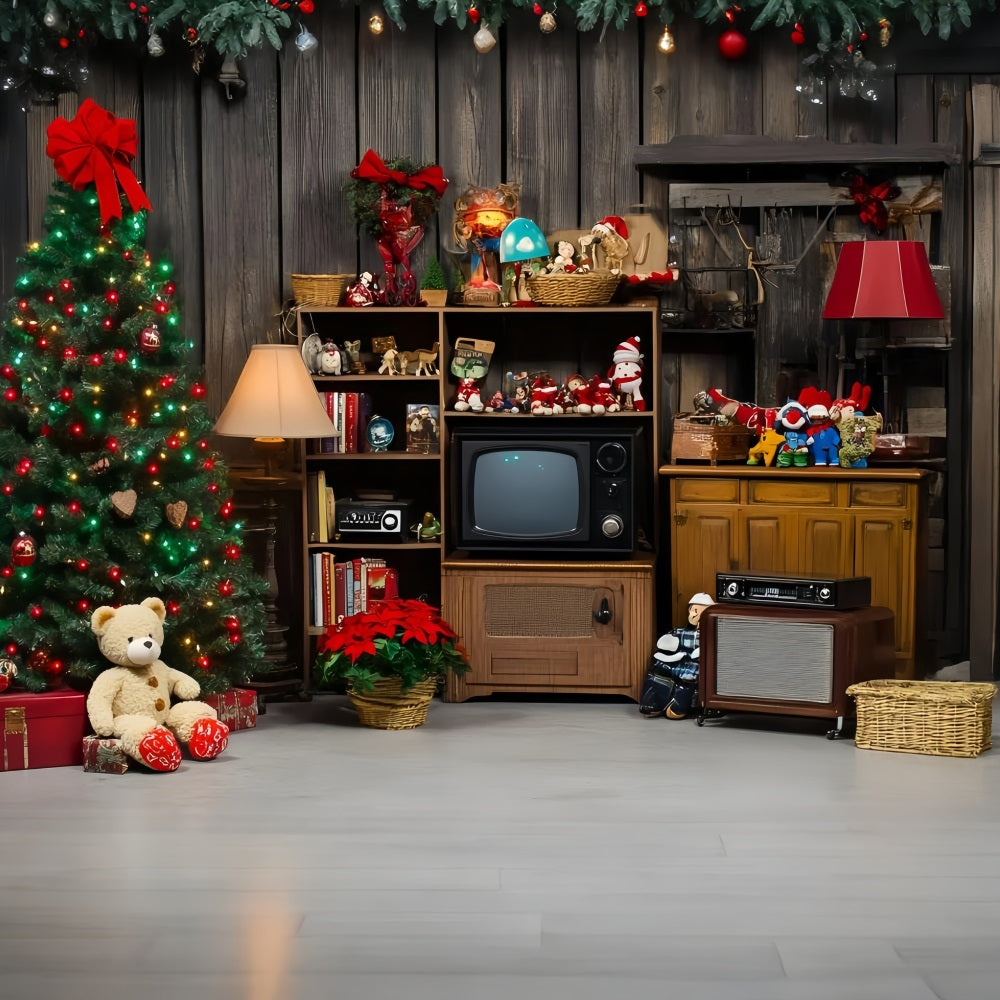 Rustic Backdrop Retro Christmas Tree with Vintage Toys Vintage Photoshoot Background GQ58-125