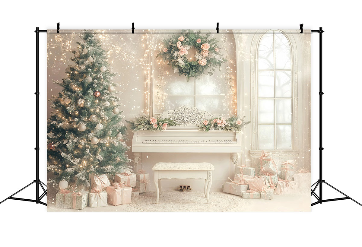 High Resolution Christmas Backdrop Elegant Piano Room Holiday Pink Christmas Backdrop GQ58-26