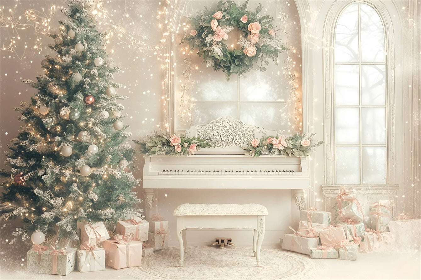 High Resolution Christmas Backdrop Elegant Piano Room Holiday Pink Christmas Backdrop GQ58-26