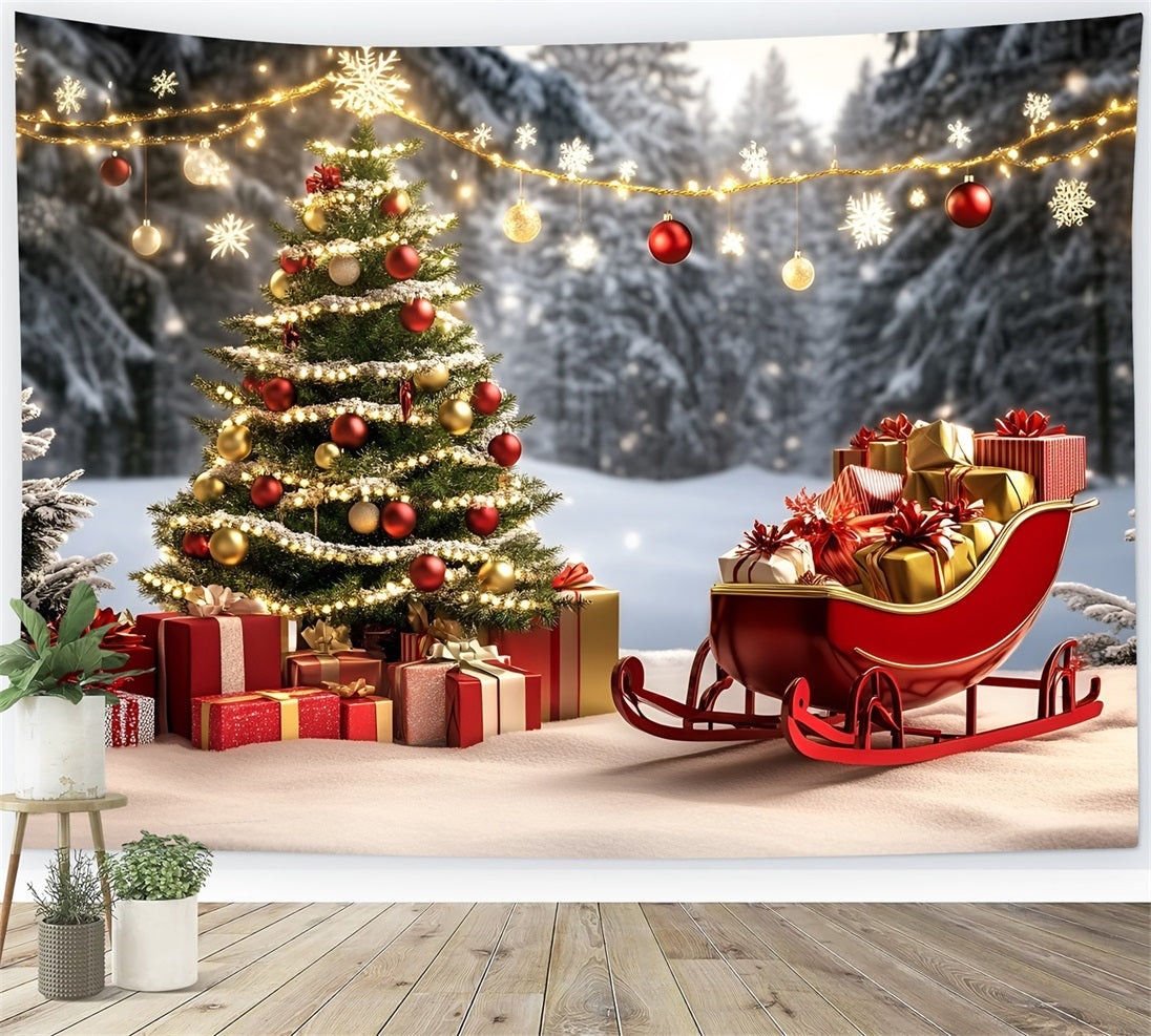 High Resolution Christmas Backdrop Red Sleigh and Golden Gifts Christmas Tree Backdrop GQ58-27