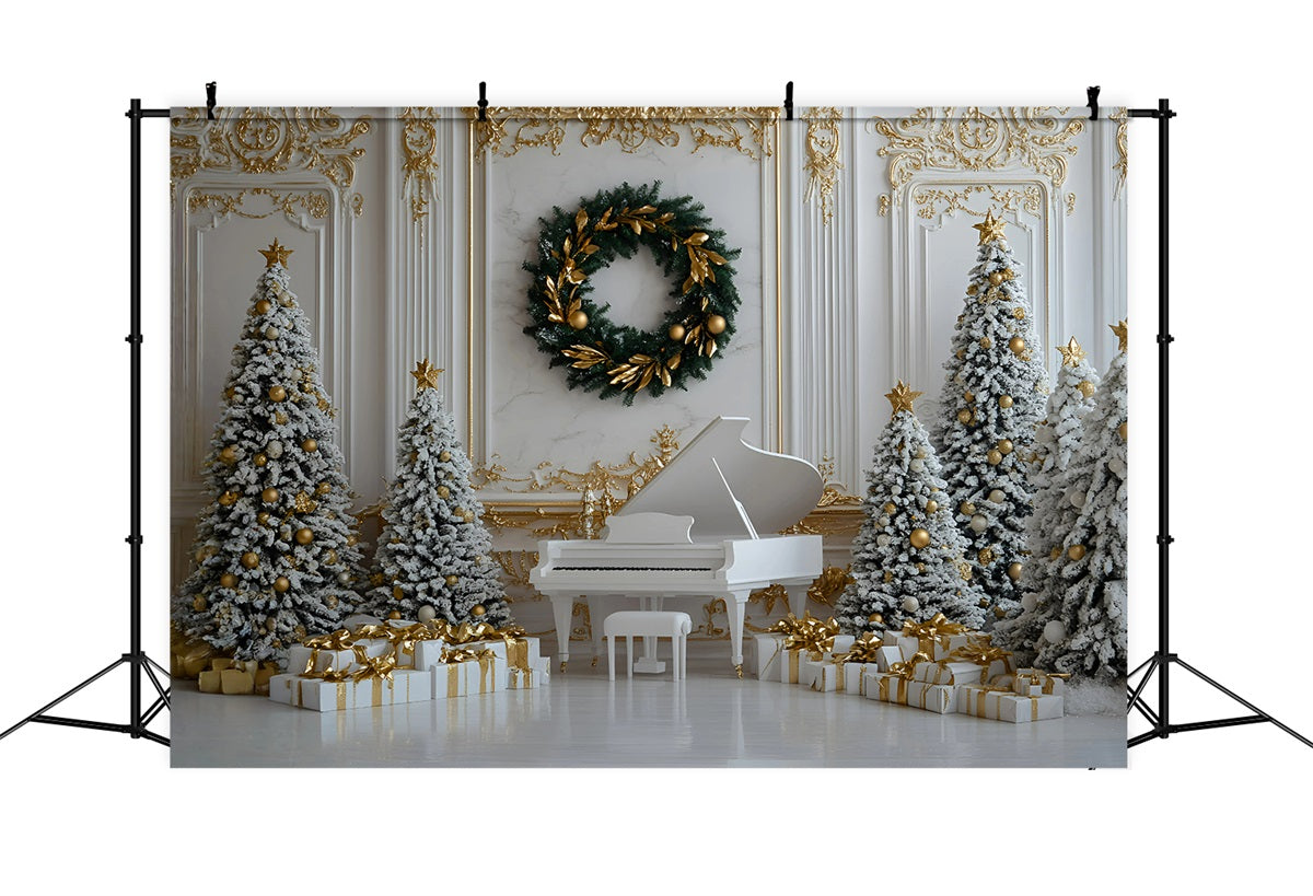 High Resolution Christmas Backdrop White Piano Gold Ornament Decor Christmas Photo Backdrops GQ58-28