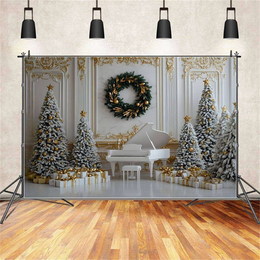 High Resolution Christmas Backdrop White Piano Gold Ornament Decor Christmas Photo Backdrops GQ58-28