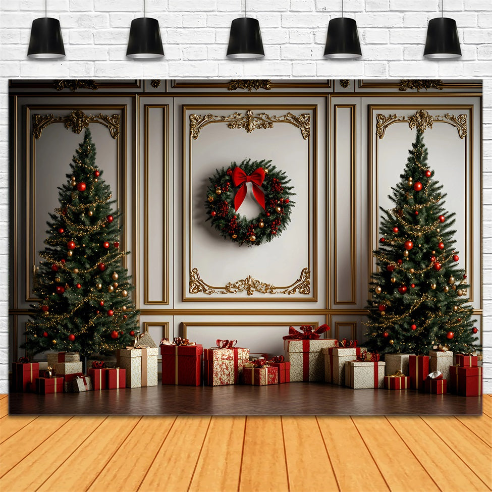 High Resolution Christmas Backdrop Classic Gold Red Trimmed Wall Christmas Photo Backdrops GQ58-30
