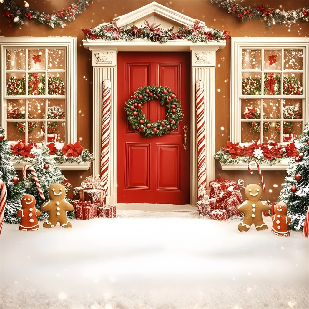 Gingerbread Backdrop Candy Cane Gingerbread Front Door Christmas Backdrops Sale GQ58-31