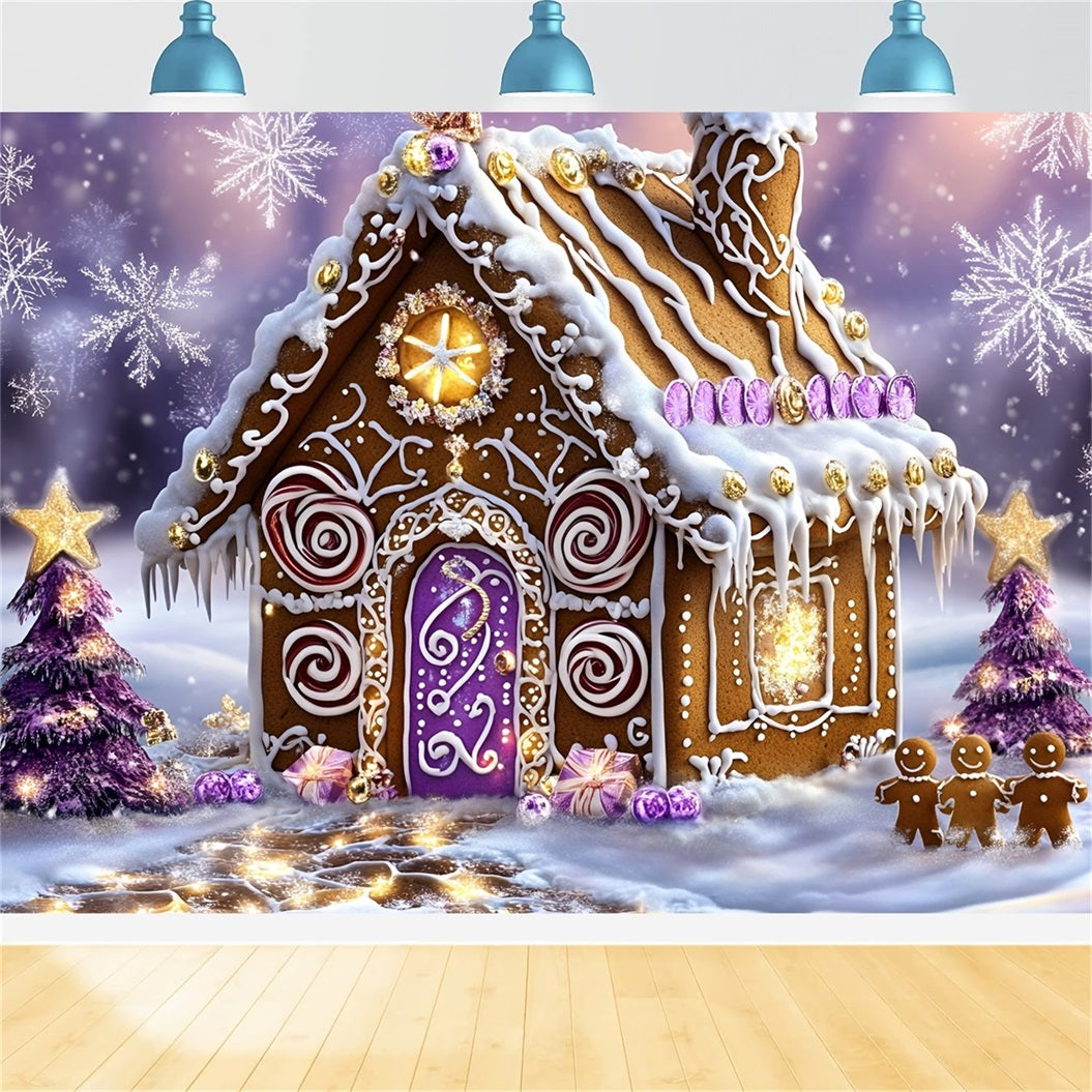 Gingerbread Backdrop Purple Swirl Candy Cottage Wonderland Christmas Backdrops 10x10 GQ58-34
