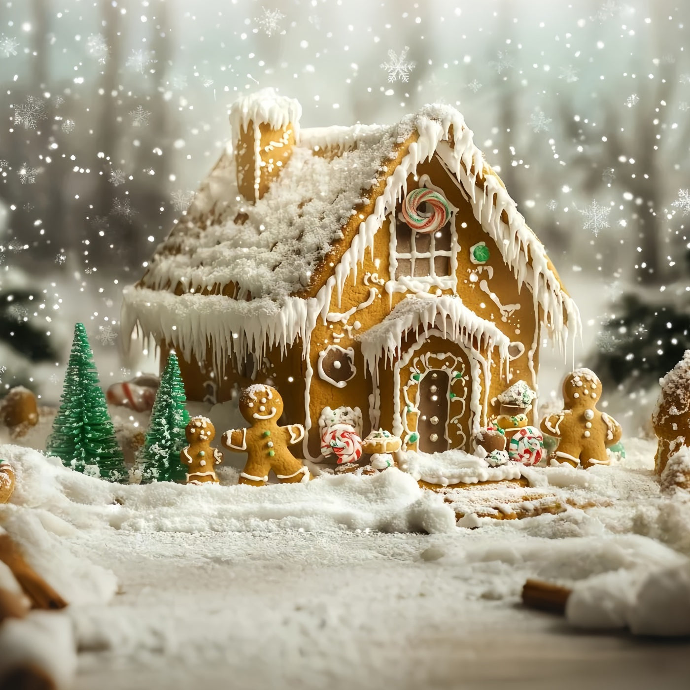 Gingerbread Backdrop Snow-Dusted Gingerbread Family House Christmas Backdrops 10x10 GQ58-35