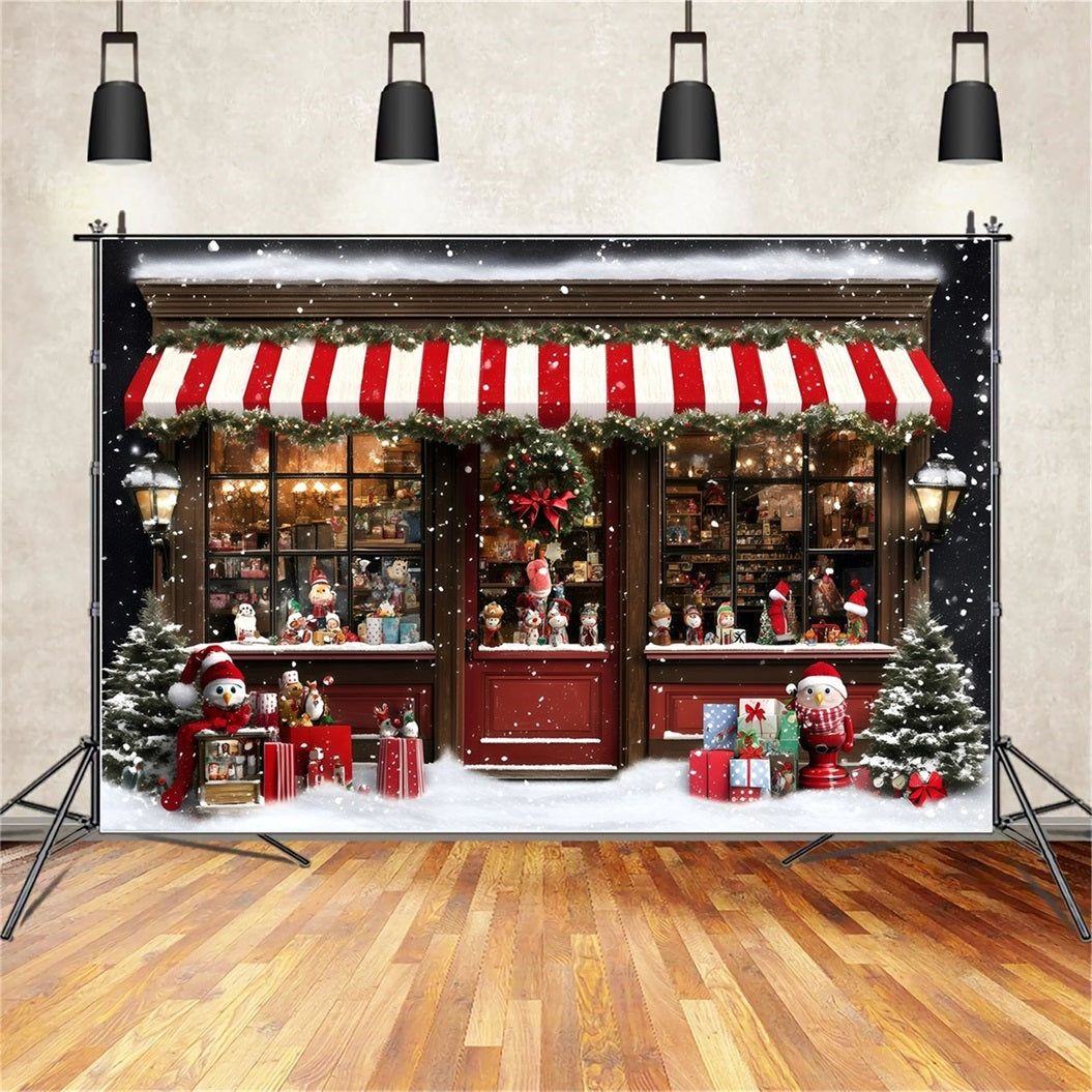 Holiday Photo Backdrop Striped Awning Snowy Toy Shop Christmas Photography Backdrops GQ58-38