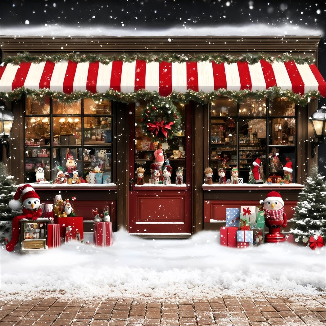 Holiday Photo Backdrop Striped Awning Snowy Toy Shop Christmas Photography Backdrops GQ58-38