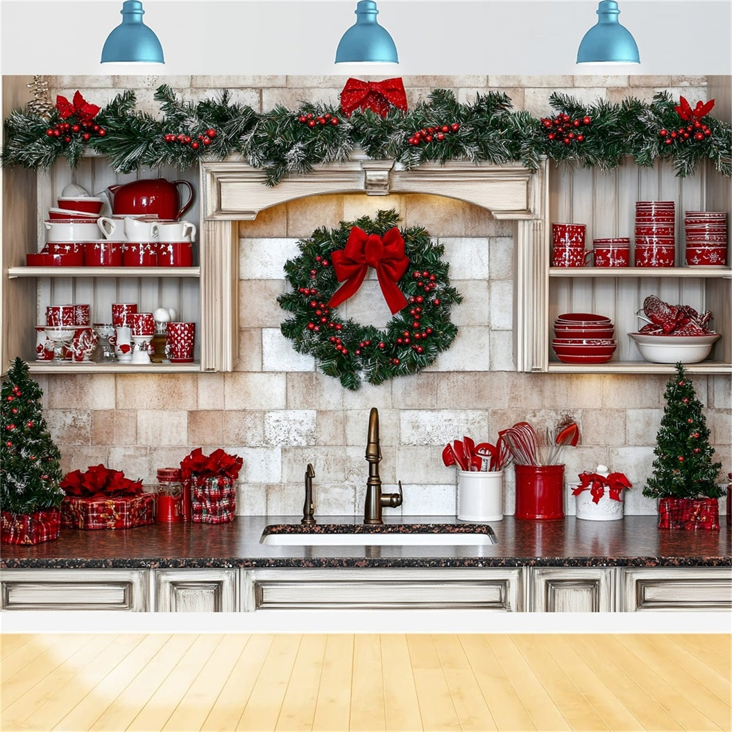 Holiday Photo Backdrop Red Dishware Holiday Kitchen Decor Christmas Kitchen Backdrop GQ58-39