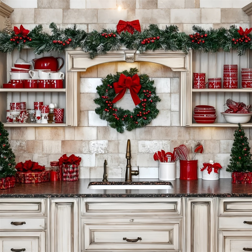 Holiday Photo Backdrop Red Dishware Holiday Kitchen Decor Christmas Kitchen Backdrop GQ58-39