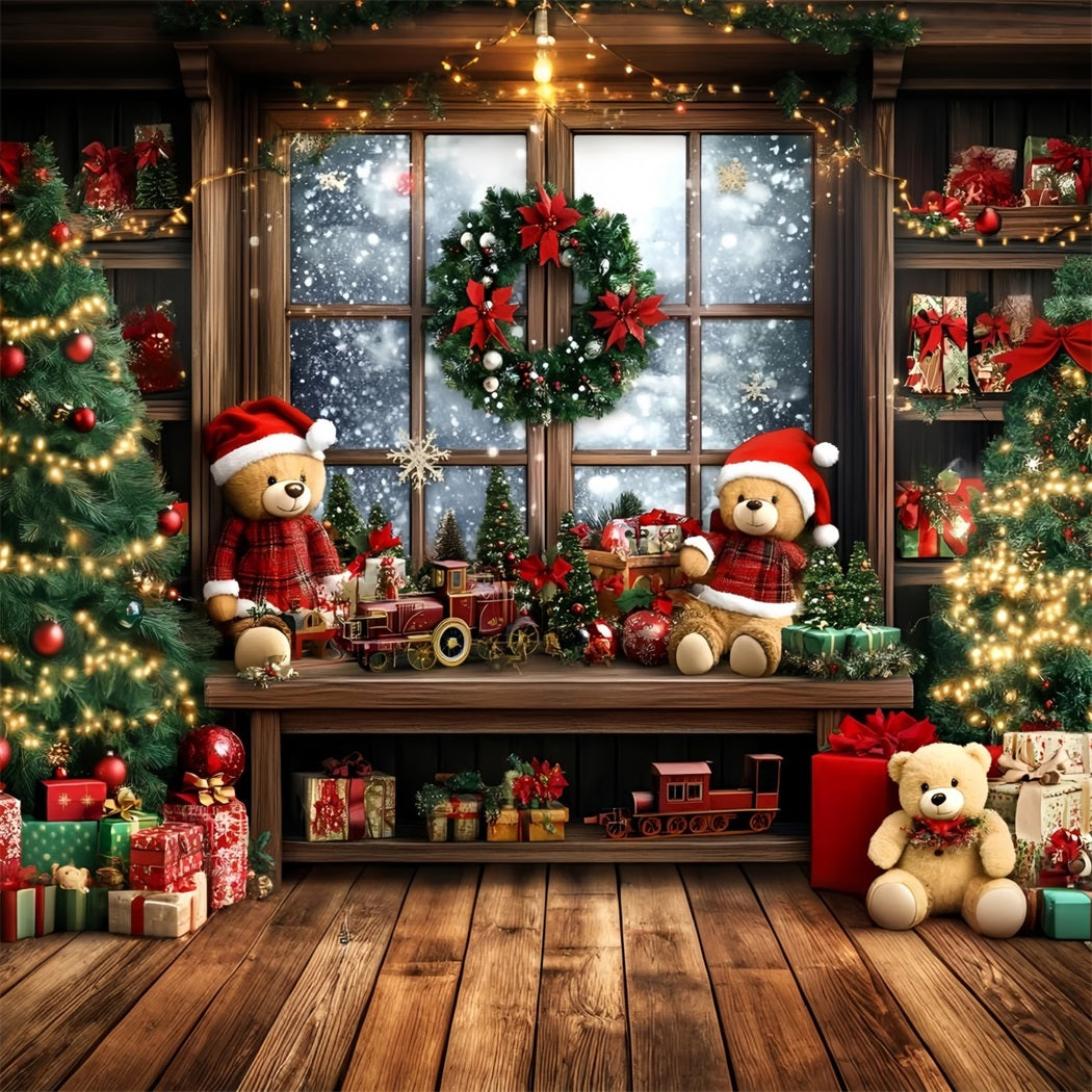 Holiday Photo Backdrop Teddy Train Gift Window Christmas Photography Backdrops GQ58-40