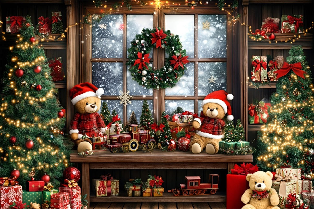 Holiday Photo Backdrop Teddy Train Gift Window Christmas Photography Backdrops GQ58-40