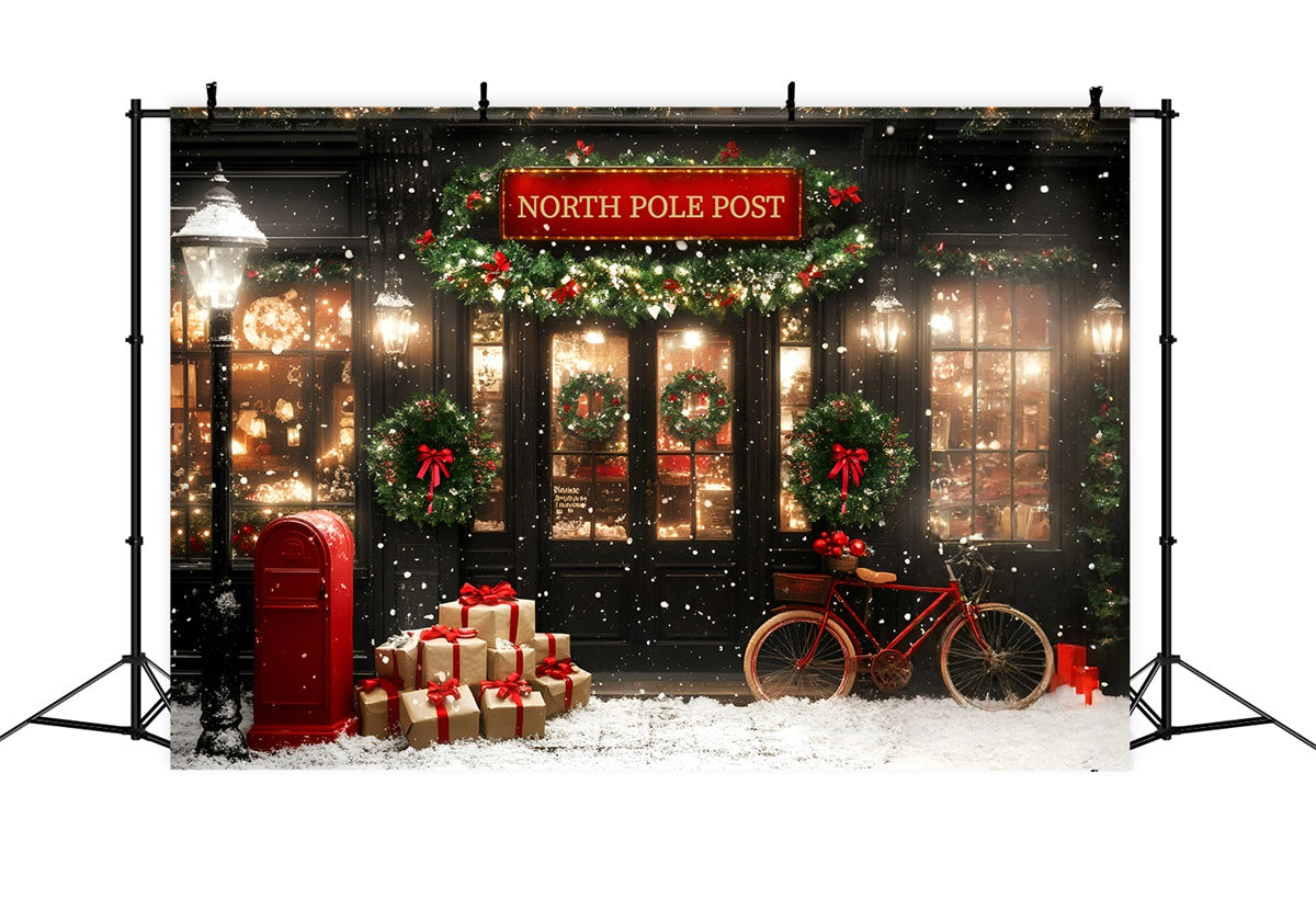 North Pole Backdrop Festive Post Office with Red Bicycle Backdrop Christmas GQ58-53