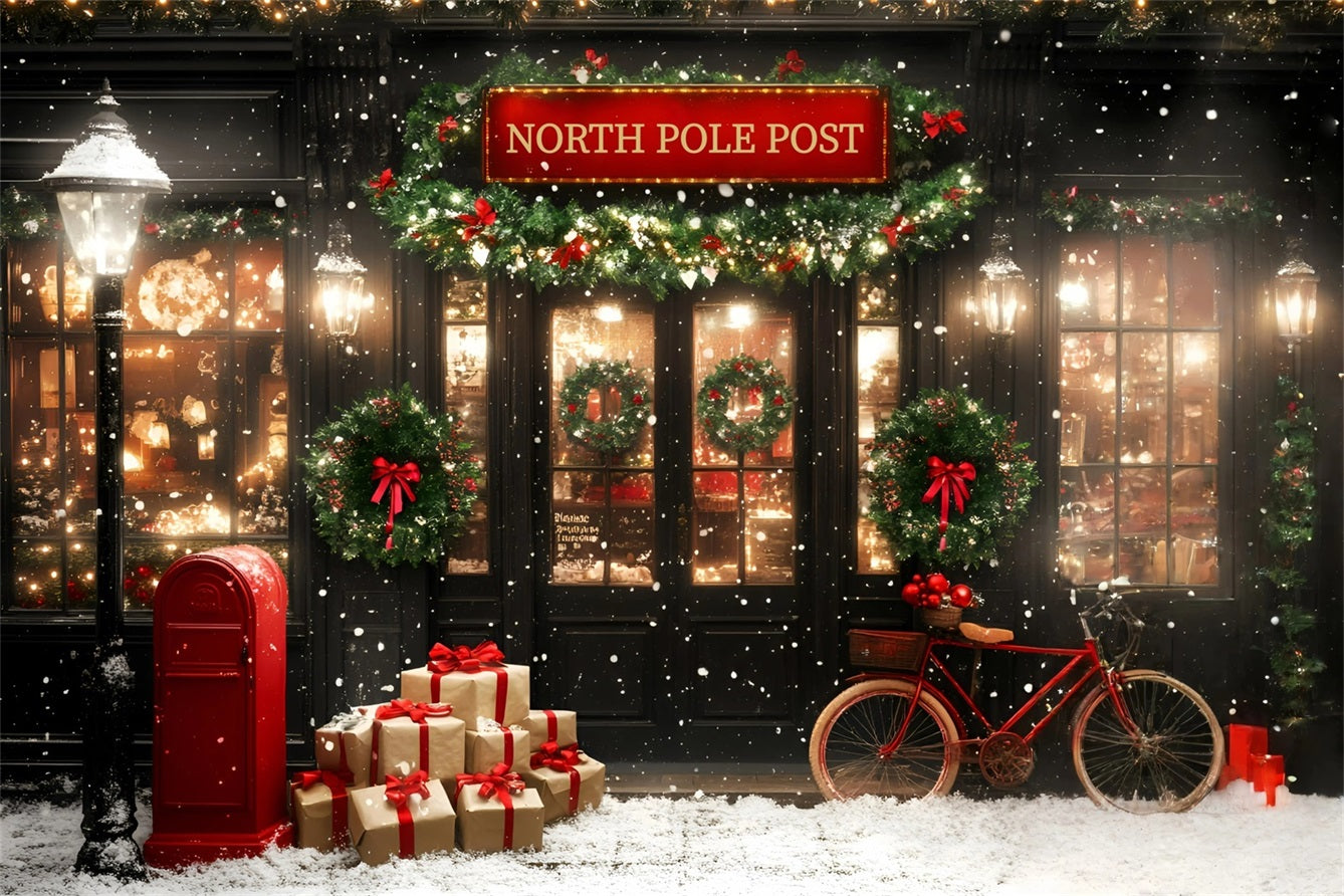 North Pole Backdrop Festive Post Office with Red Bicycle Backdrop Christmas GQ58-53