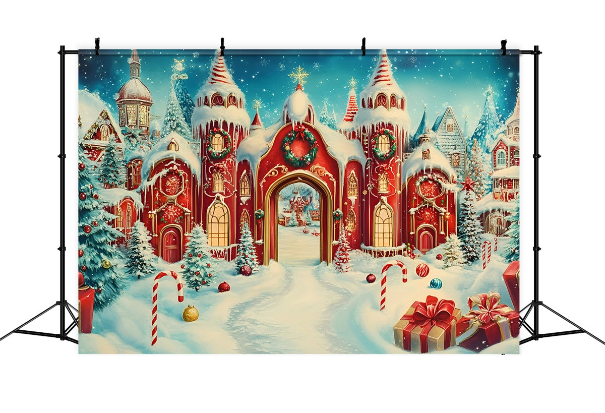 North Pole Backdrop Candy Cane Castle with Snowy Towers Christmas Backdrop Photography GQ58-55