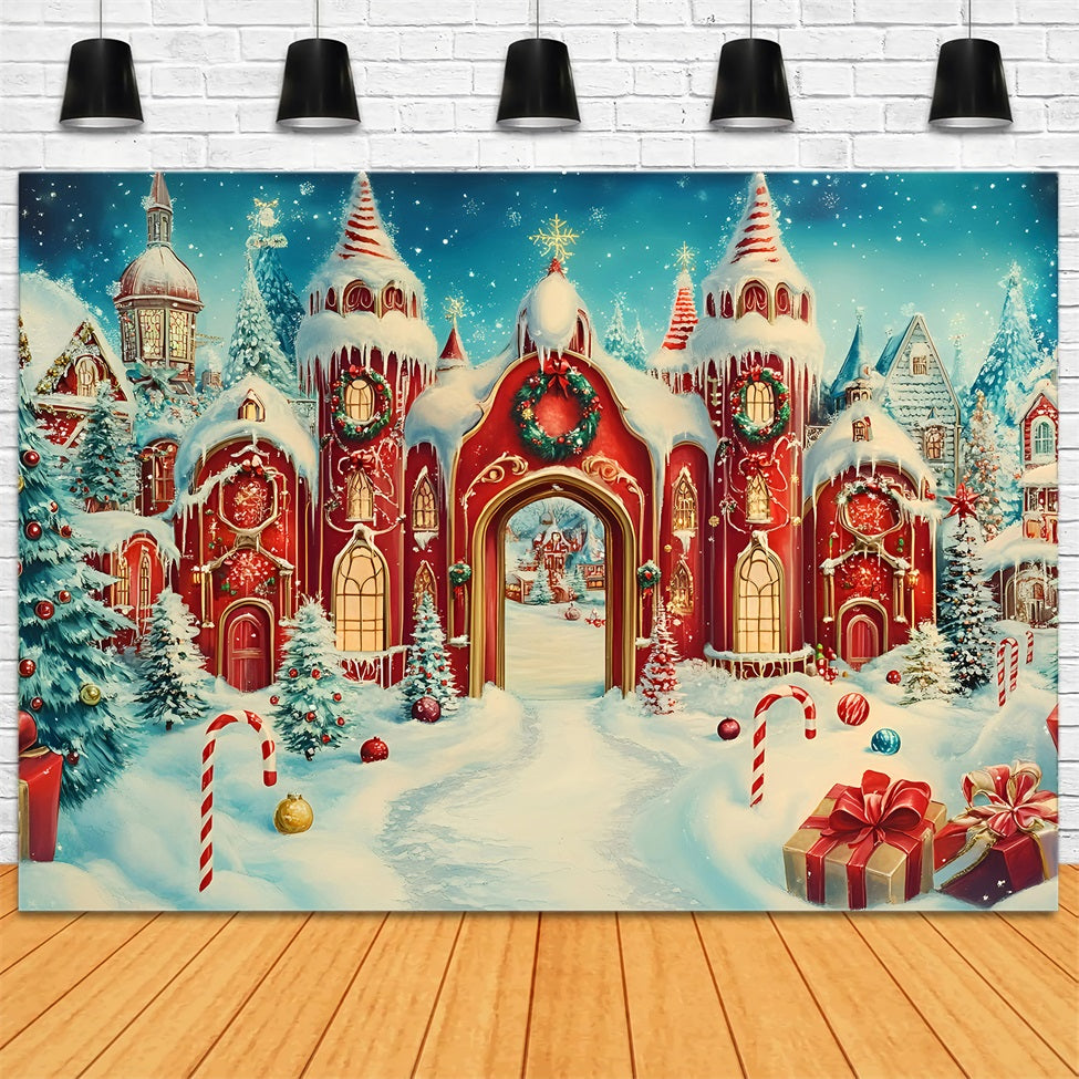 North Pole Backdrop Candy Cane Castle with Snowy Towers Christmas Backdrop Photography GQ58-55