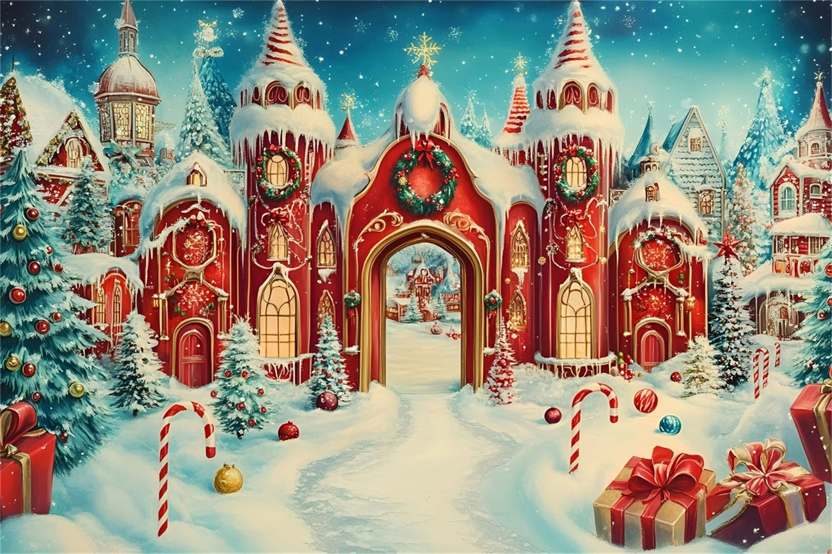 North Pole Backdrop Candy Cane Castle with Snowy Towers Christmas Backdrop Photography GQ58-55