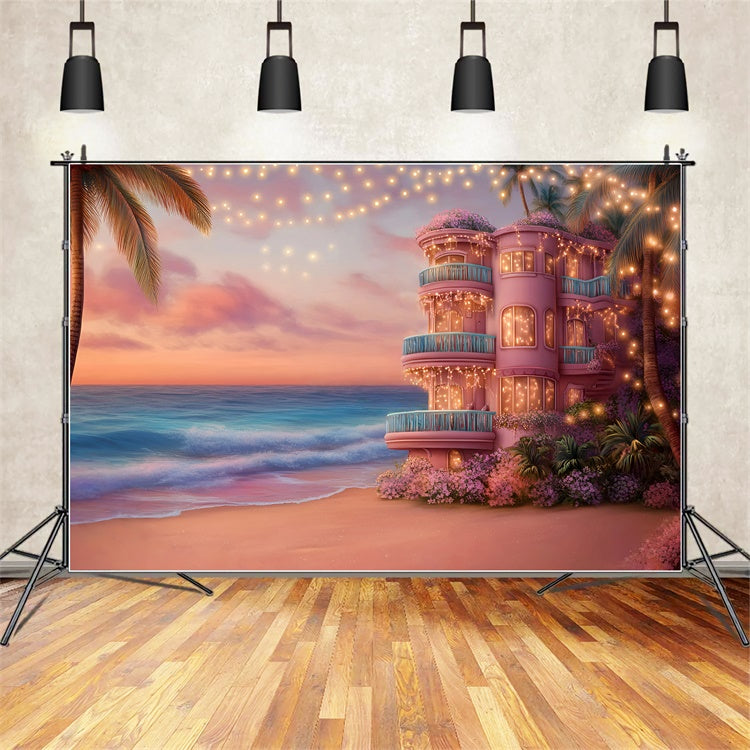 Pink Beach Backdrop Sunset Coastal Villa Summer Backdrop GQ6-10