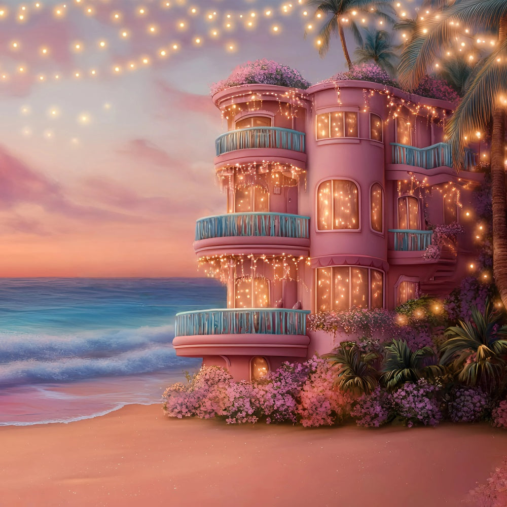 Pink Beach Backdrop Sunset Coastal Villa Summer Backdrop GQ6-10