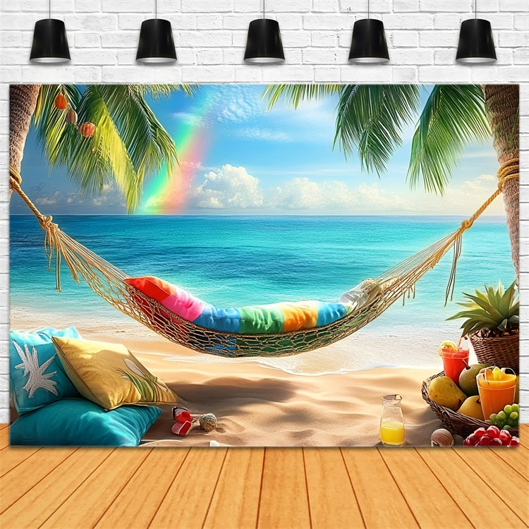 Tropical Beach Backdrop Palm Rainbow Hammock Summer Backdrop GQ6-14