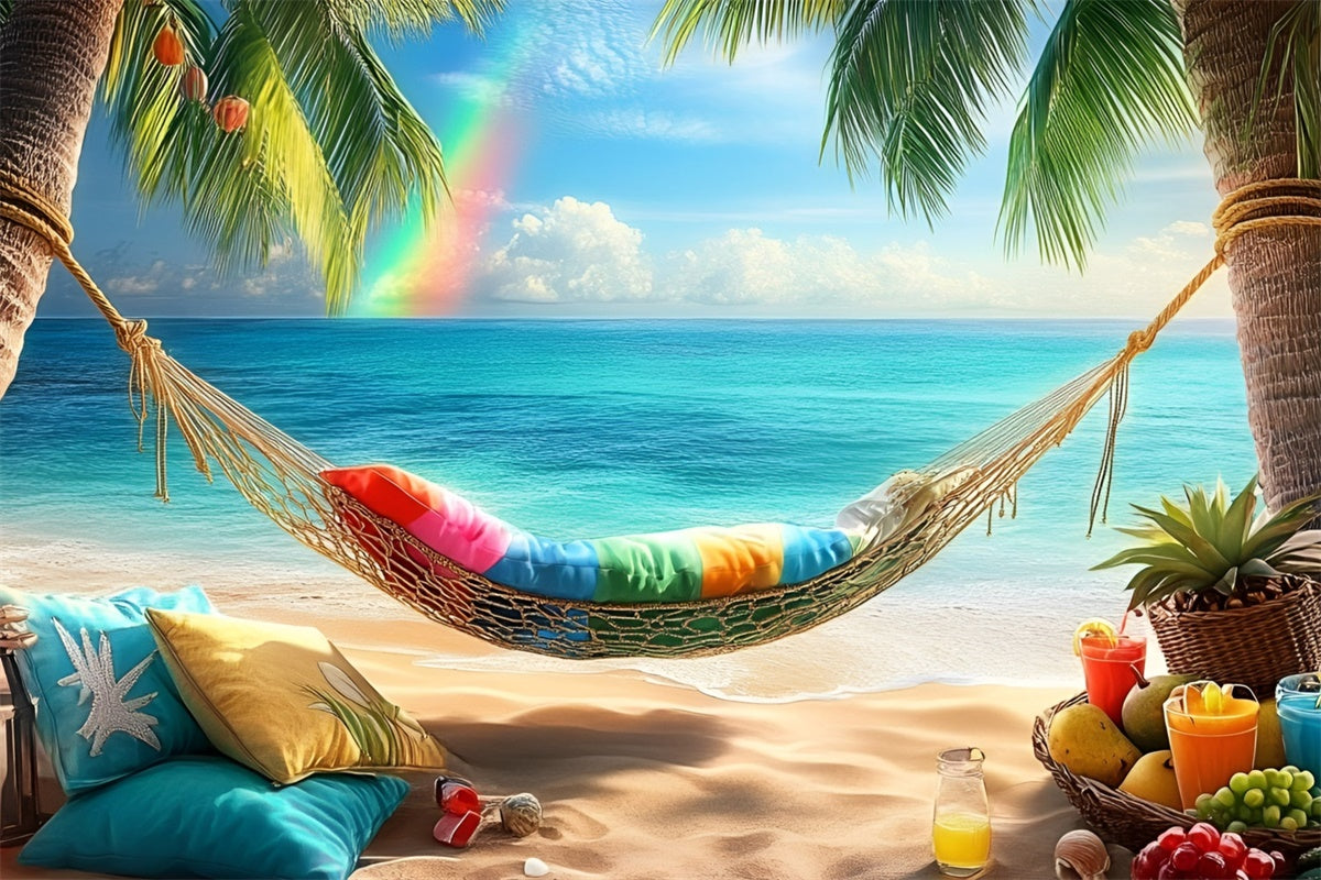 Tropical Beach Backdrop Palm Rainbow Hammock Summer Backdrop GQ6-14