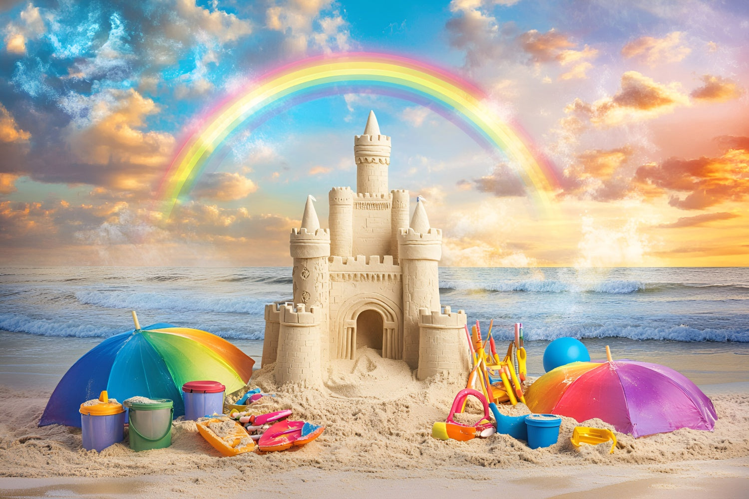 Rainbow Backdrop Sunset Sandcastle Summer Beach Backdrop GQ6-17