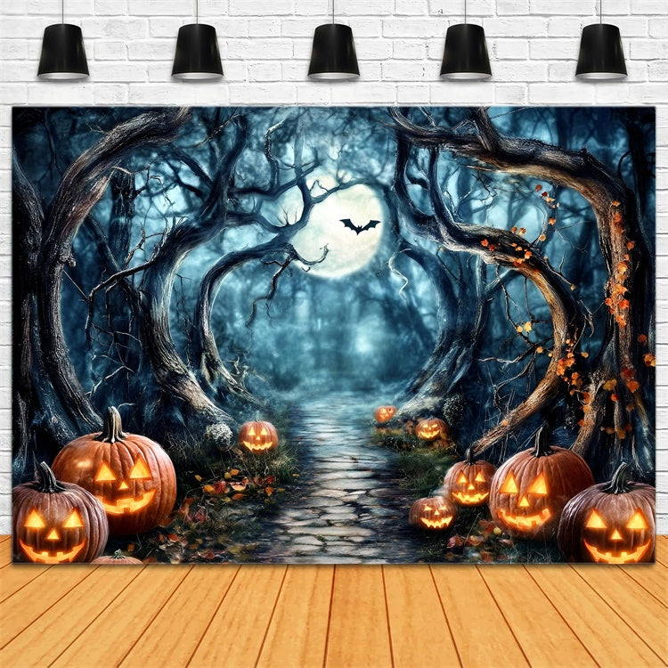 Spooky Forest Backdrop Moonlit Pumpkin Path Halloween Backdrop GQ6-182