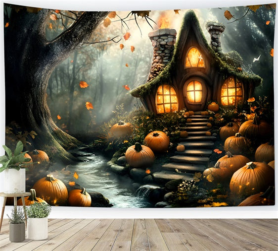 Forest Backdrop Haunted Pumpkin Cottage Halloween Backdrop GQ6-195
