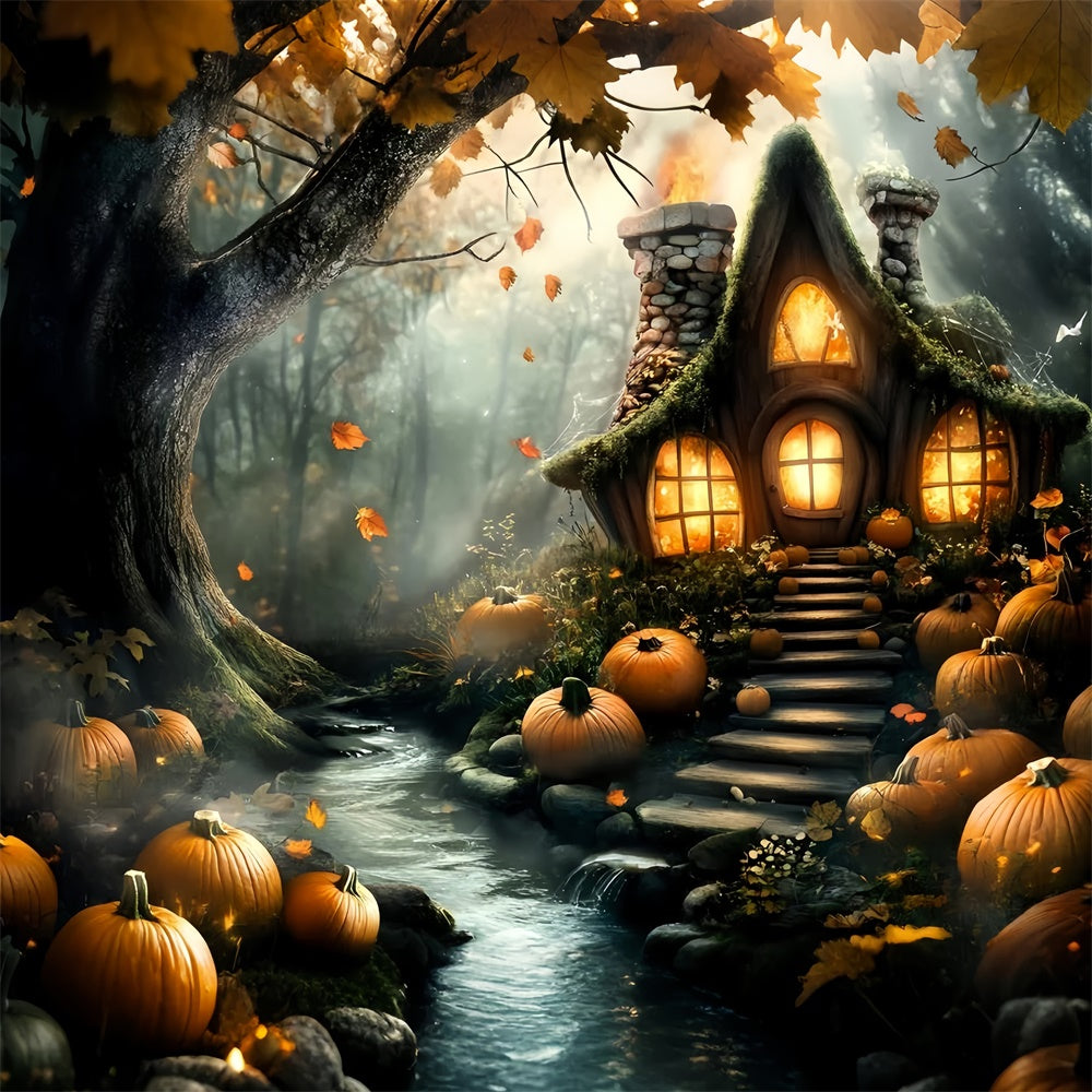 Forest Backdrop Haunted Pumpkin Cottage Halloween Backdrop GQ6-195