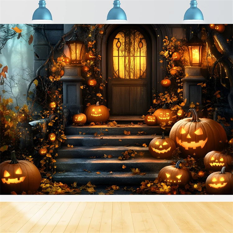 Halloween Photography Backdrop Haunted Pumpkin Porch Backdrop GQ6-198