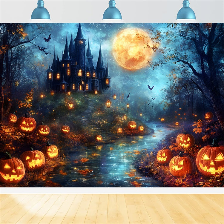 Halloween Moon Backdrop Haunted Castle Pumpkin Backdrop GQ6-206