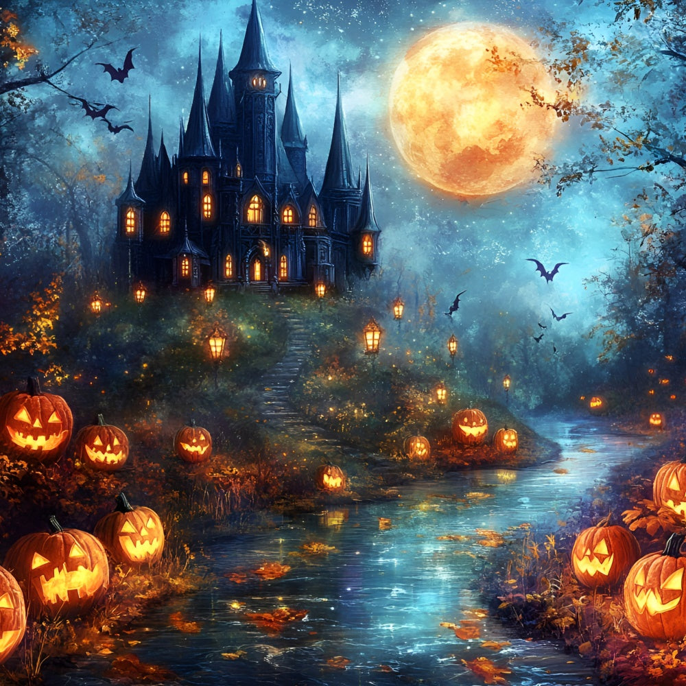Halloween Moon Backdrop Haunted Castle Pumpkin Backdrop GQ6-206