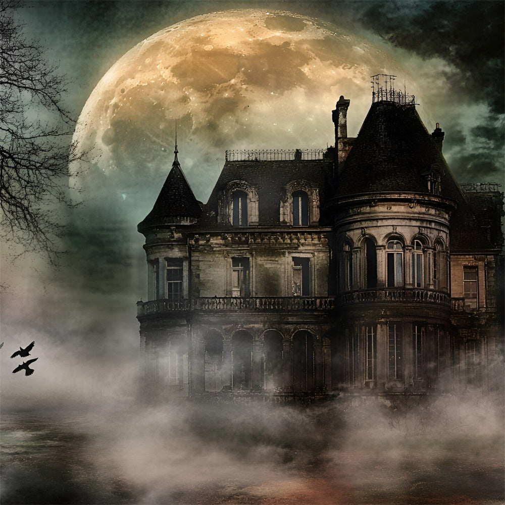 Halloween Moon Backdrop Moonlit Haunted Mansion Backdrop GQ6-209