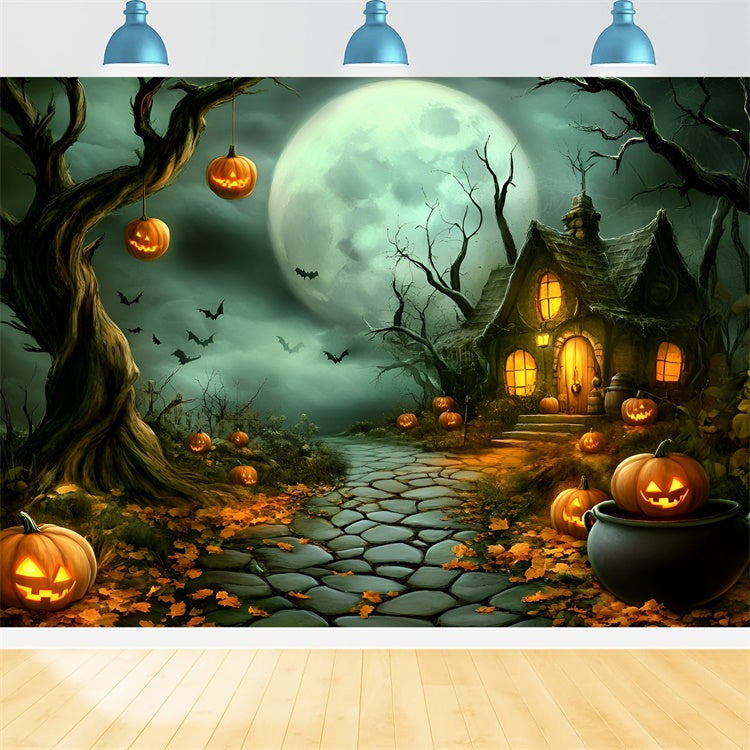 Halloween Moon Backdrop Haunted Pumpkin Cottage Path Backdrop GQ6-210